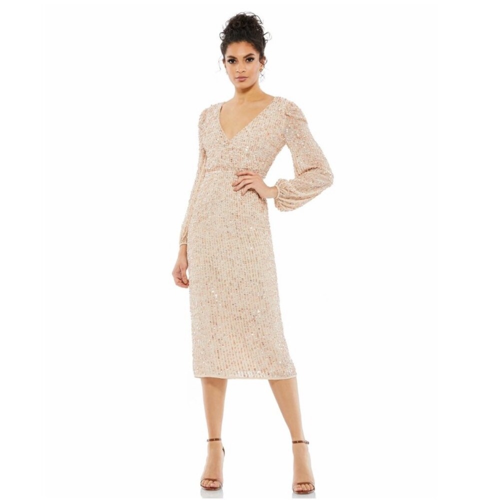 NWT Mac Duggal Sequin Long Puff Sleeve Cocktail Midi Nude Sz 10 #7988 $498